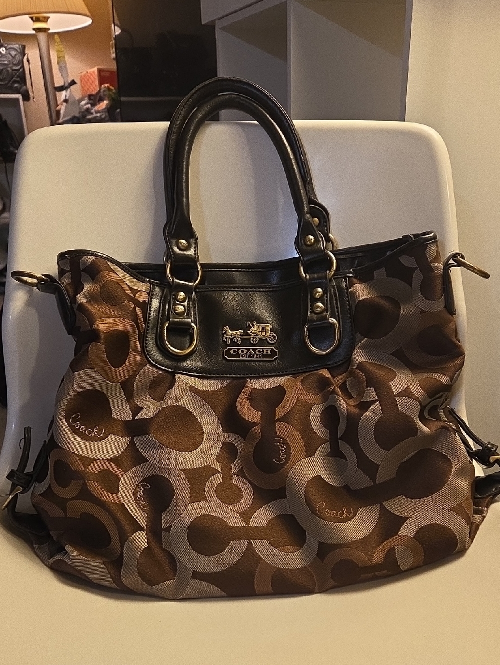 Coach Brown Signature Jacquard Tote with Black Leather Trim